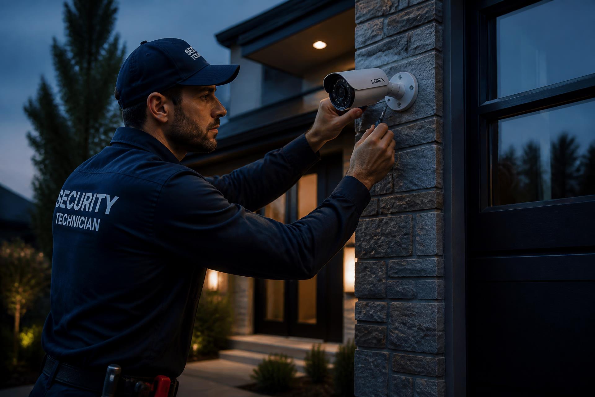 Security technician installing a surveillance camera on a home